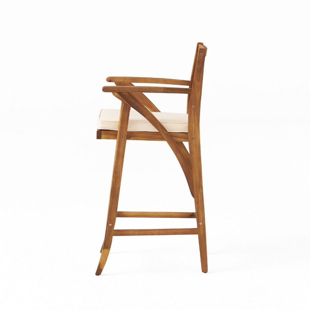Olen Outdoor Barstool Chair Set of 2 | Beige Fabric | Brown Solid Wood