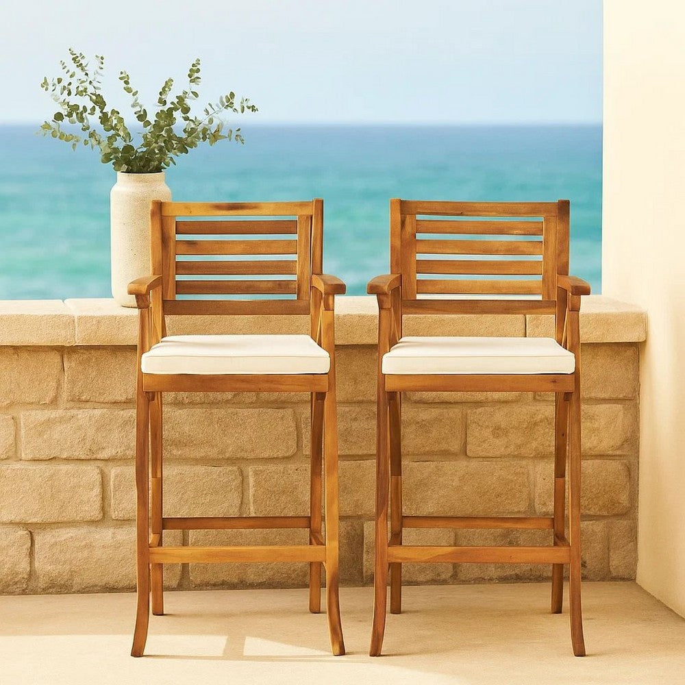 Olen Outdoor Barstool Chair Set of 2 | Beige Fabric | Brown Solid Wood