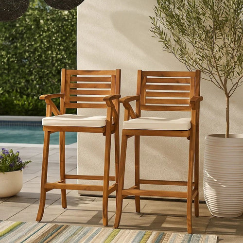 Olen Outdoor Barstool Chair Set of 2 | Beige Fabric | Brown Solid Wood