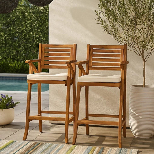 Olen Outdoor Barstool Chair Set of 2 | Beige Fabric | Brown Solid Wood