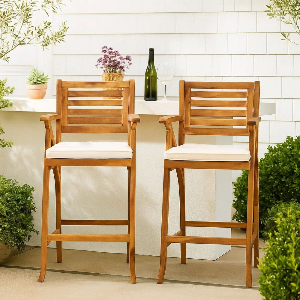 Olen Outdoor Barstool Chair Set of 2 | Beige Fabric | Brown Solid Wood