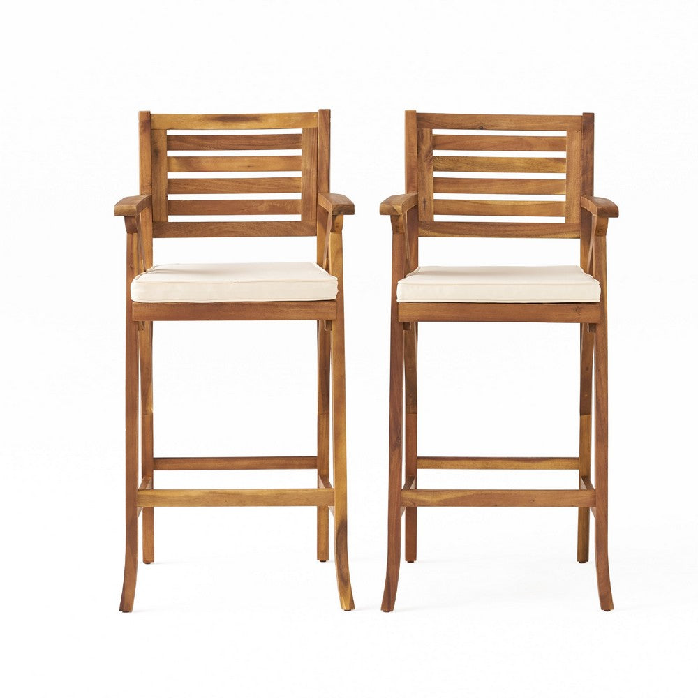 Olen Outdoor Barstool Chair Set of 2 | Beige Fabric | Brown Solid Wood