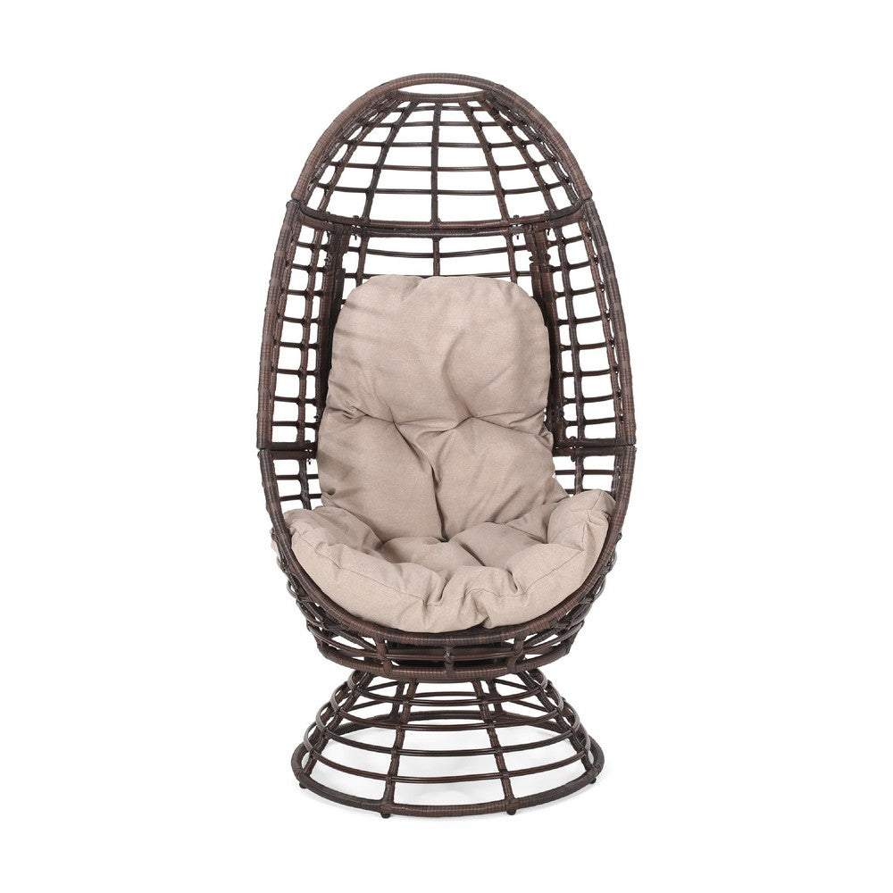 Swivel Outdoor Egg Chair | Brown PE Woven Rattan | Beige Polyester