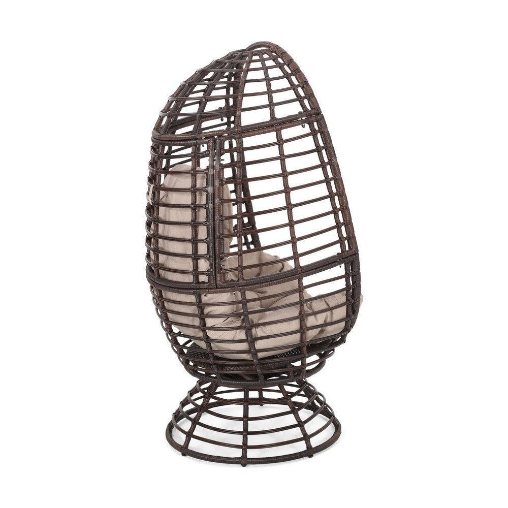 Swivel Outdoor Egg Chair | Brown PE Woven Rattan | Beige Polyester