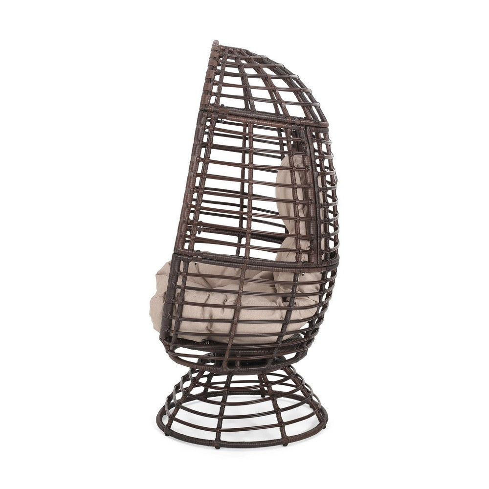 Swivel Outdoor Egg Chair | Brown PE Woven Rattan | Beige Polyester