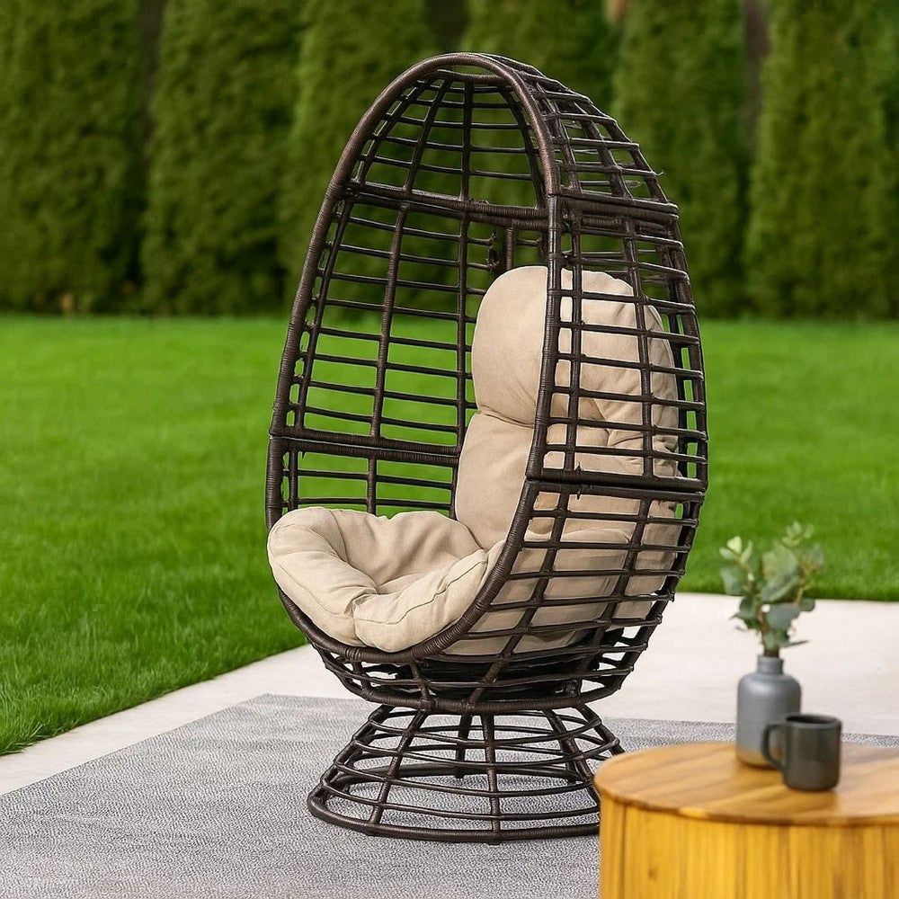 Swivel Outdoor Egg Chair | Brown PE Woven Rattan | Beige Polyester