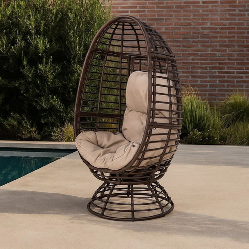 Swivel Outdoor Egg Chair | Brown PE Woven Rattan | Beige Polyester