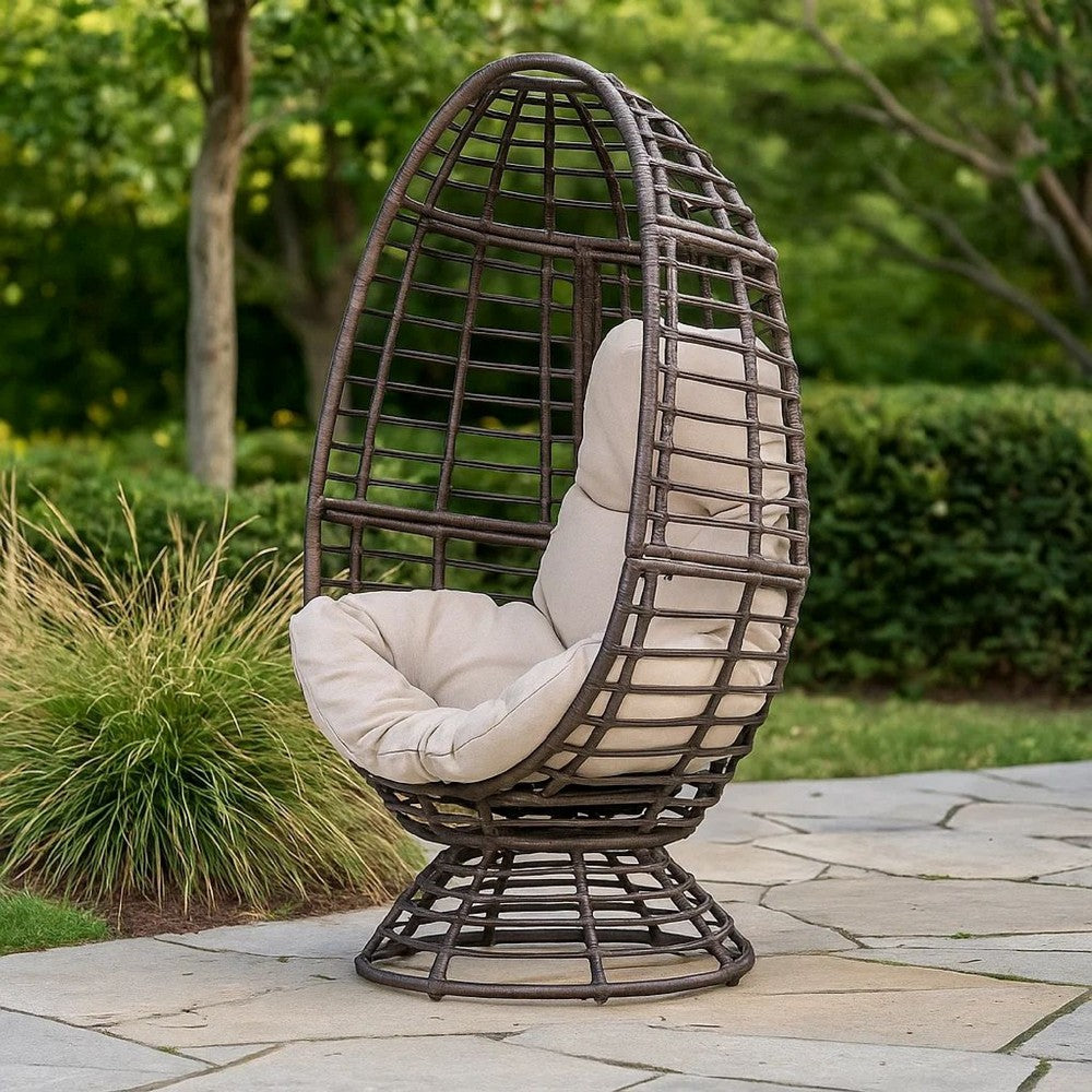Swivel Outdoor Egg Chair | Brown PE Woven Rattan | Beige Polyester