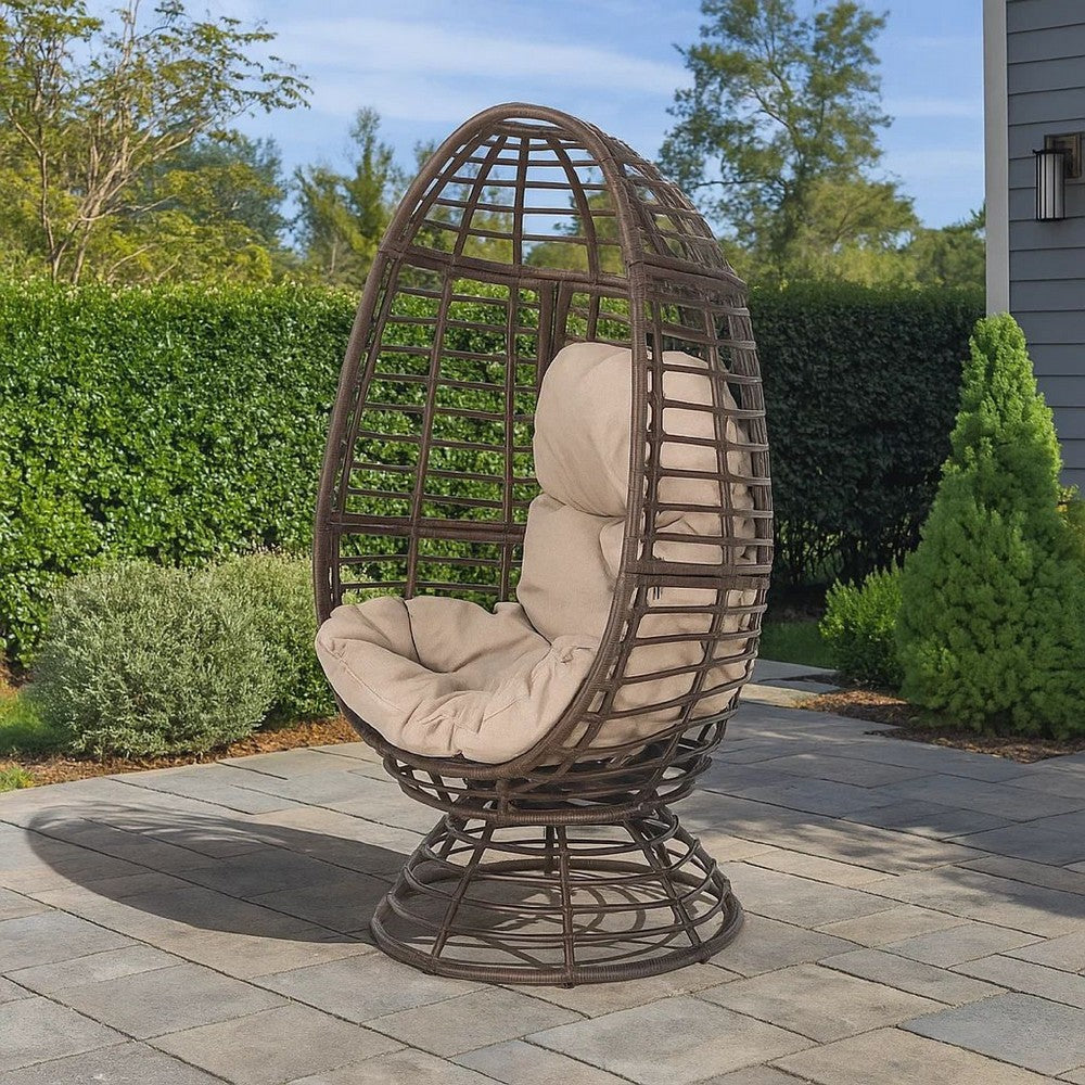 Swivel Outdoor Egg Chair | Brown PE Woven Rattan | Beige Polyester