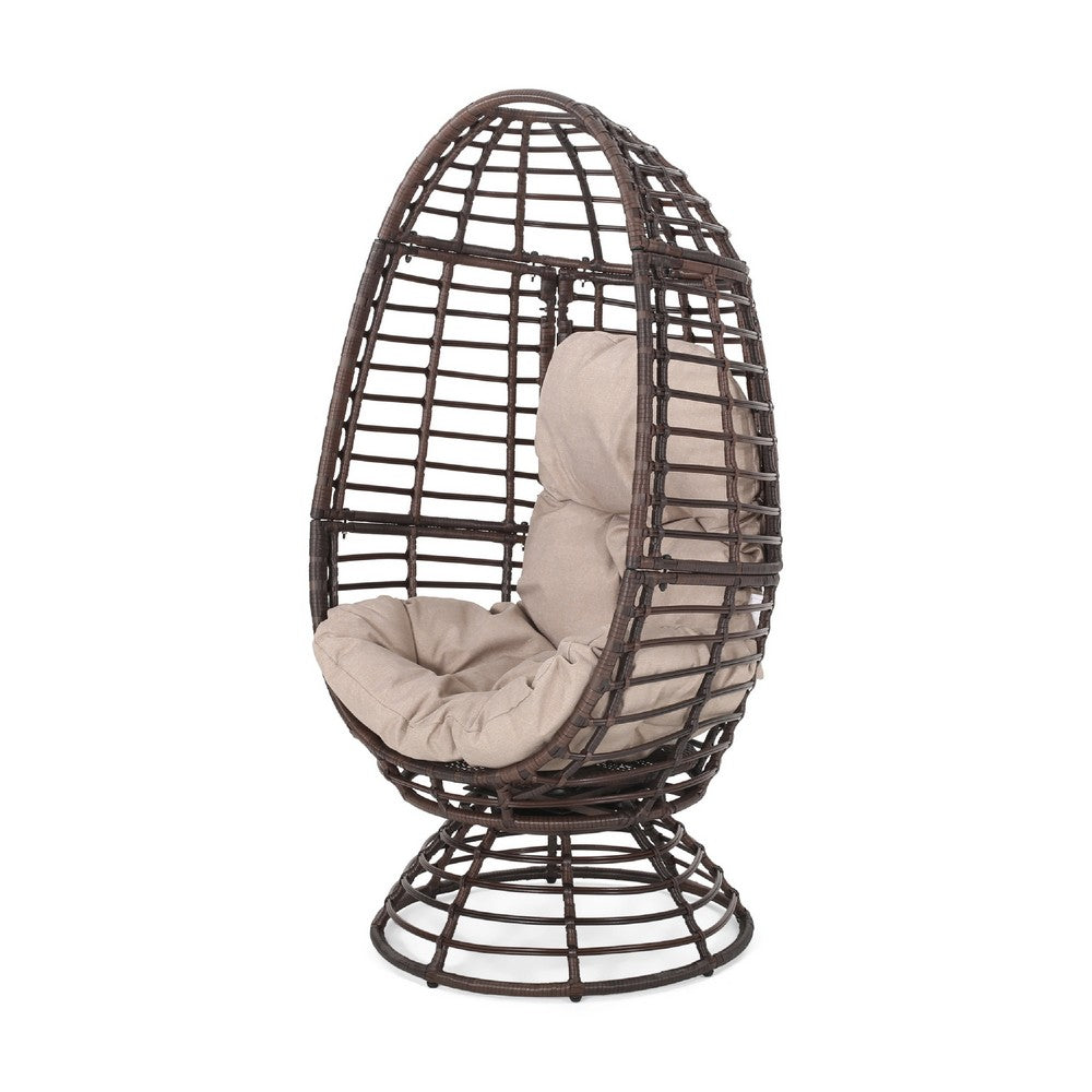Swivel Outdoor Egg Chair | Brown PE Woven Rattan | Beige Polyester