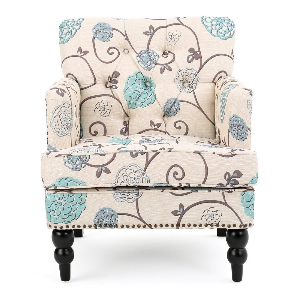 Lit Club Chair | Beige Tufted Floral Upholstery | Nailhead Brown Wood BM335119