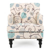 Lit Club Chair | Beige Tufted Floral Upholstery | Nailhead Brown Wood