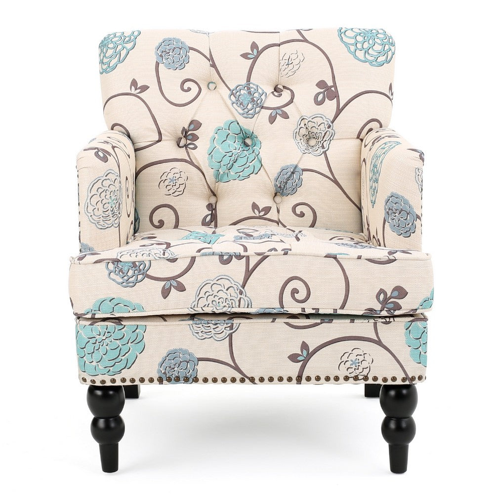 Lit Club Chair | Beige Tufted Floral Upholstery | Nailhead Brown Wood