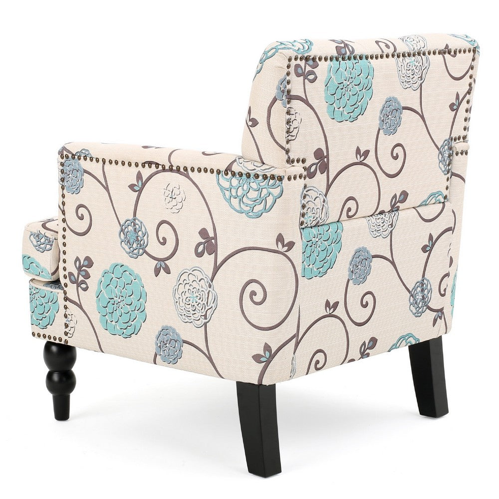 Lit Club Chair | Beige Tufted Floral Upholstery | Nailhead Brown Wood