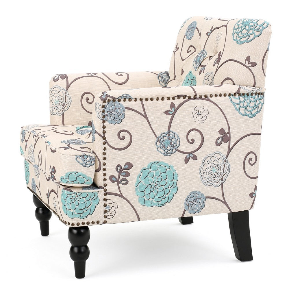 Lit Club Chair | Beige Tufted Floral Upholstery | Nailhead Brown Wood