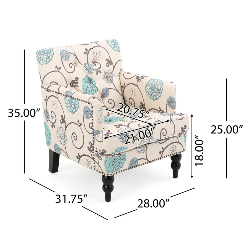 Lit Club Chair | Beige Tufted Floral Upholstery | Nailhead Brown Wood