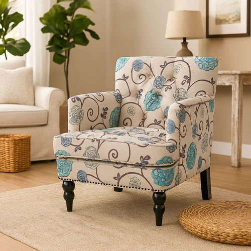 Lit Club Chair | Beige Tufted Floral Upholstery | Nailhead Brown Wood