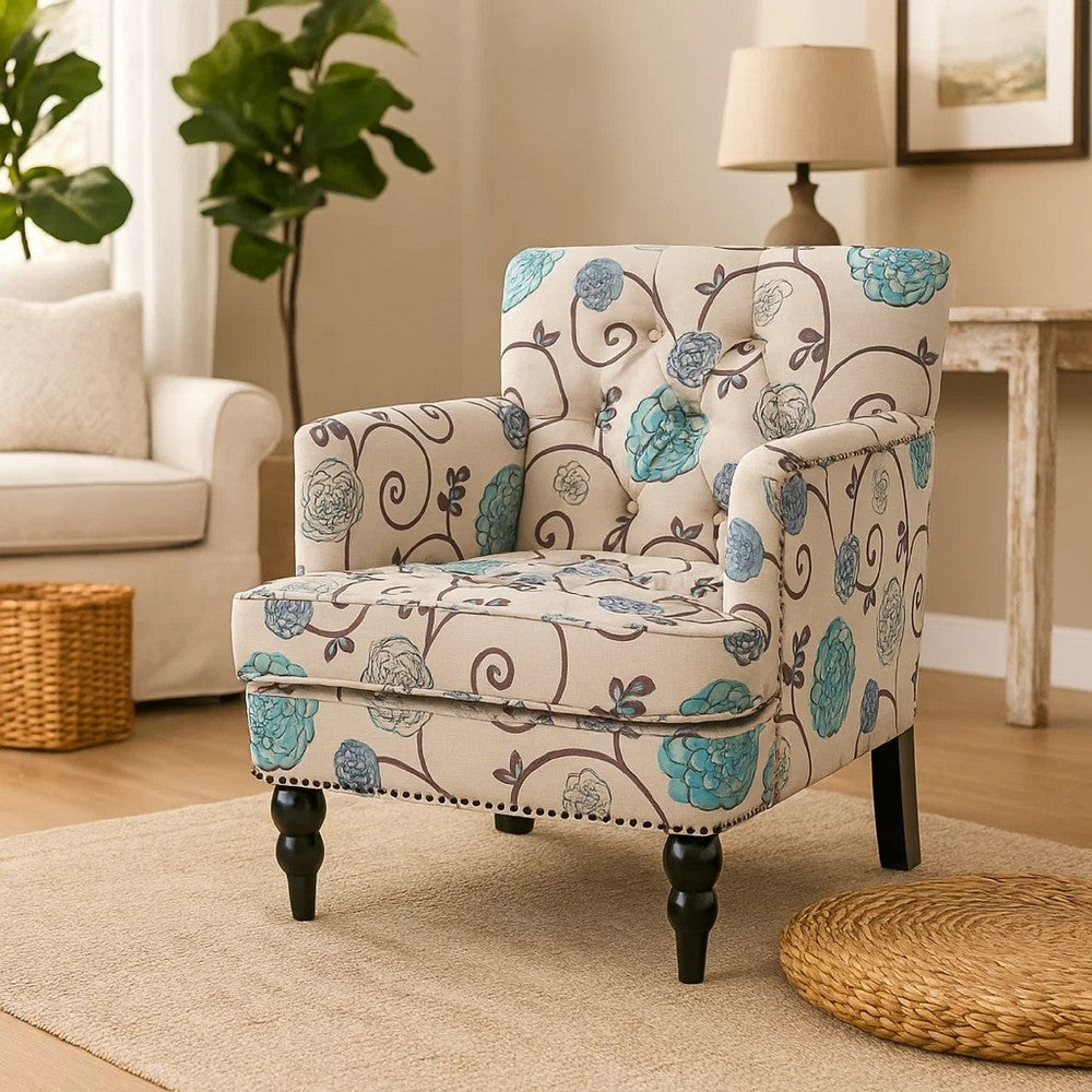 Lit Club Chair | Beige Tufted Floral Upholstery | Nailhead Brown Wood