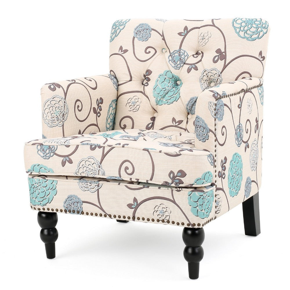 Lit Club Chair | Beige Tufted Floral Upholstery | Nailhead Brown Wood