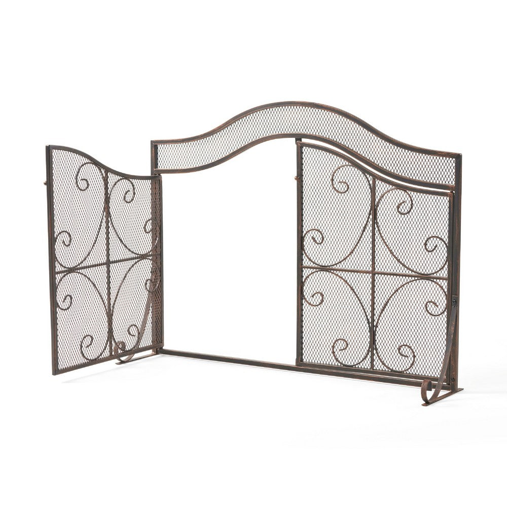 Fireplace Screen | 3 Panels 2 Doors | Black Copper Mesh | Scrolled