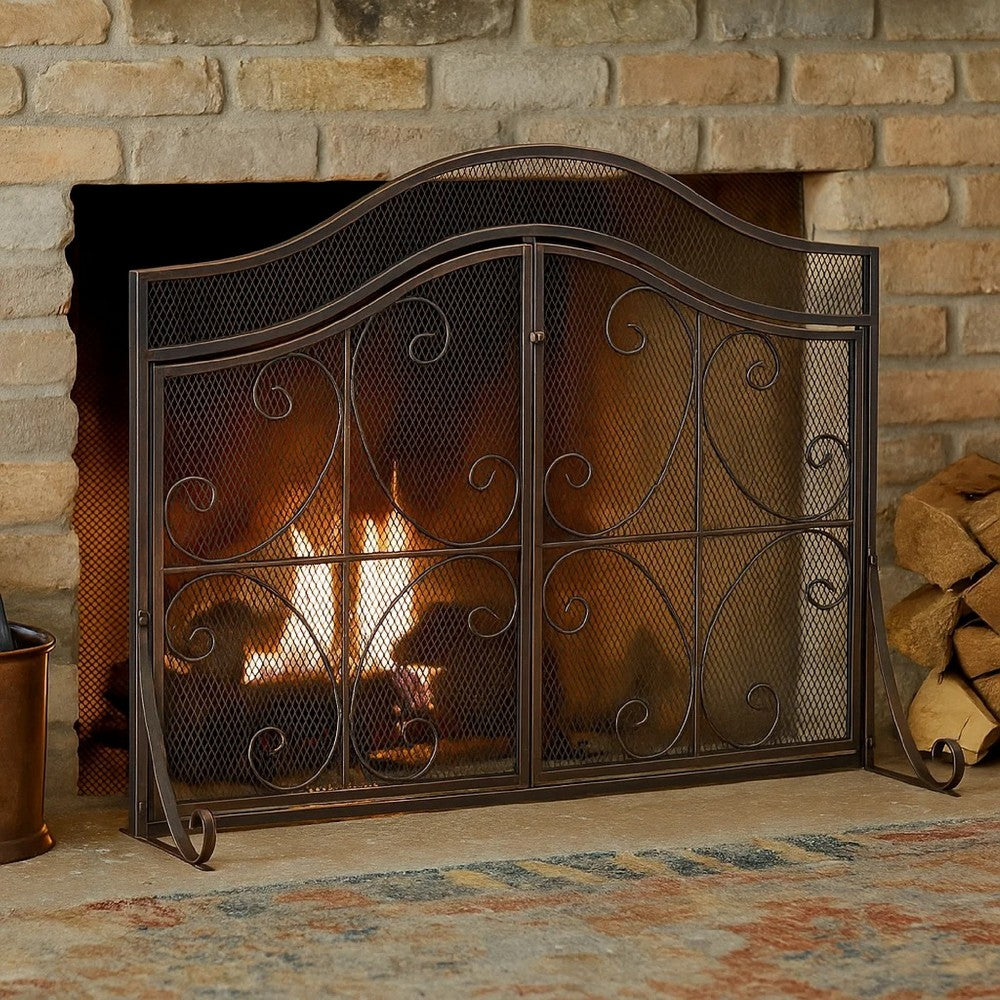 Fireplace Screen | 3 Panels 2 Doors | Black Copper Mesh | Scrolled