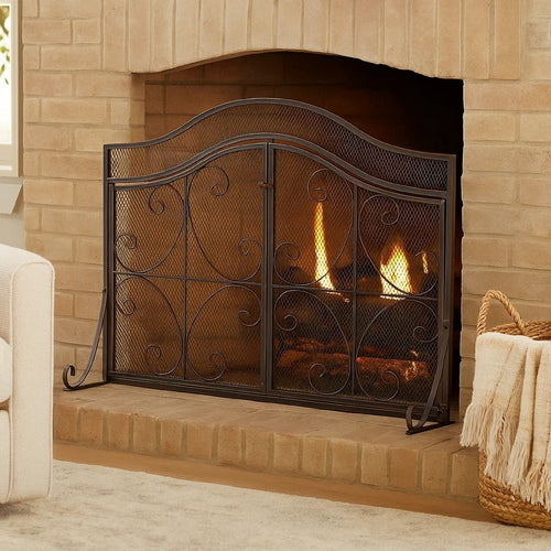 Fireplace Screen | 3 Panels 2 Doors | Black Copper Mesh | Scrolled