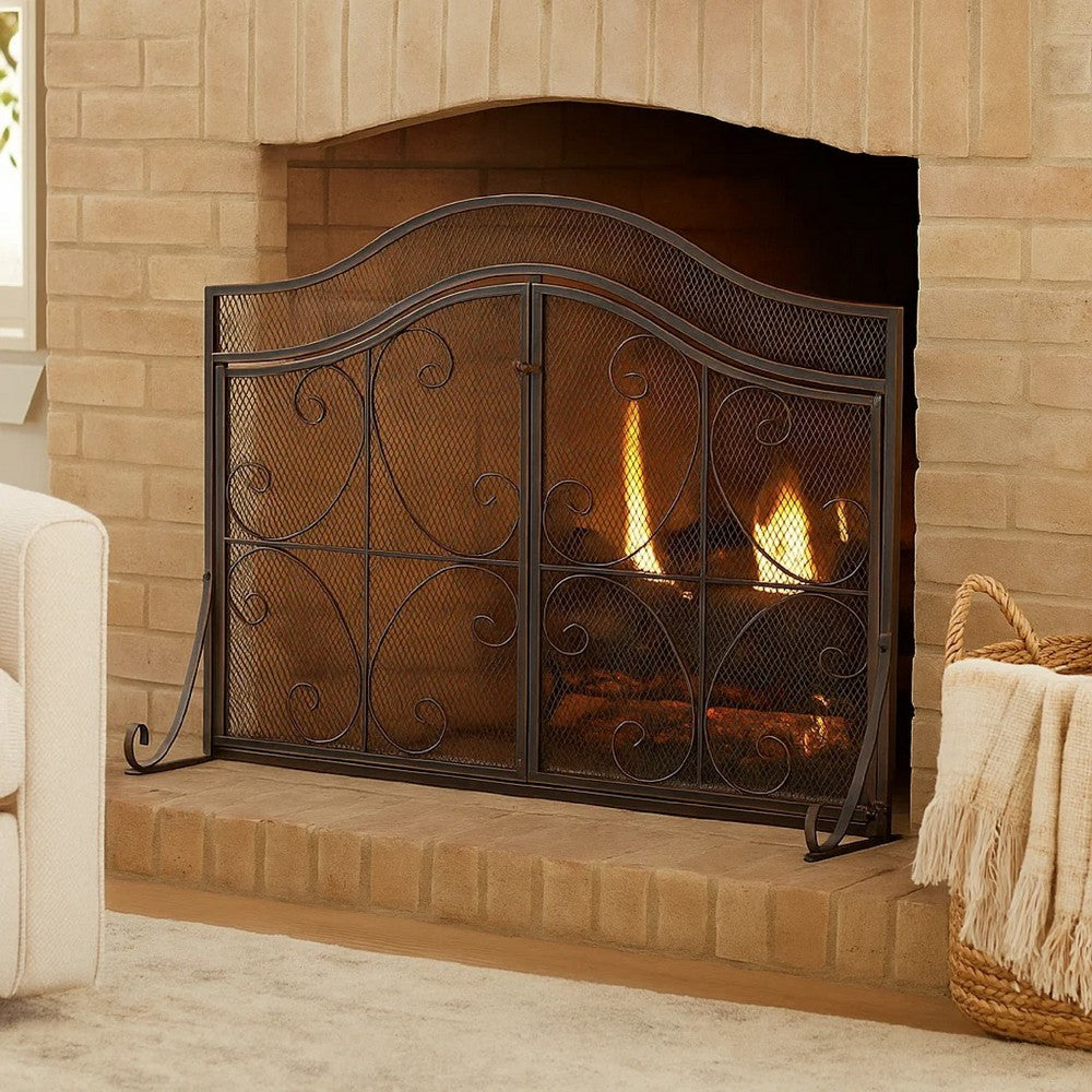 Fireplace Screen | 3 Panels 2 Doors | Black Copper Mesh | Scrolled