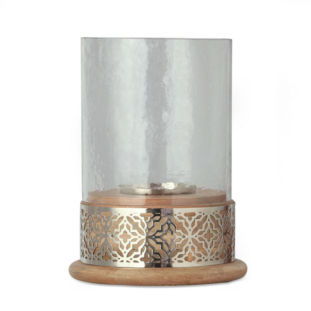 Hurricane Candleholder | Glass Cover | Nickel Lattice Base| Wood BM335121