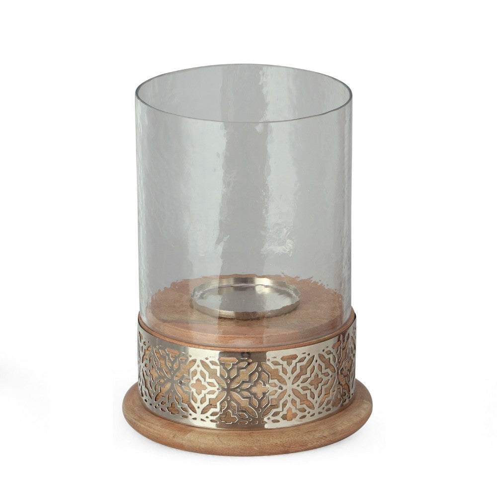 Hurricane Candleholder | Glass Cover | Nickel Lattice Base| Wood