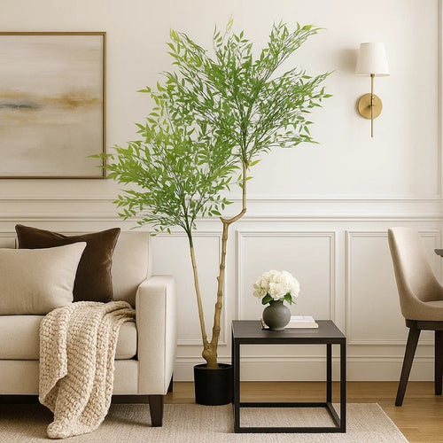 Faux Nandina Plant | Realistic Sacred Bamboo Like Green Leaves | 47"