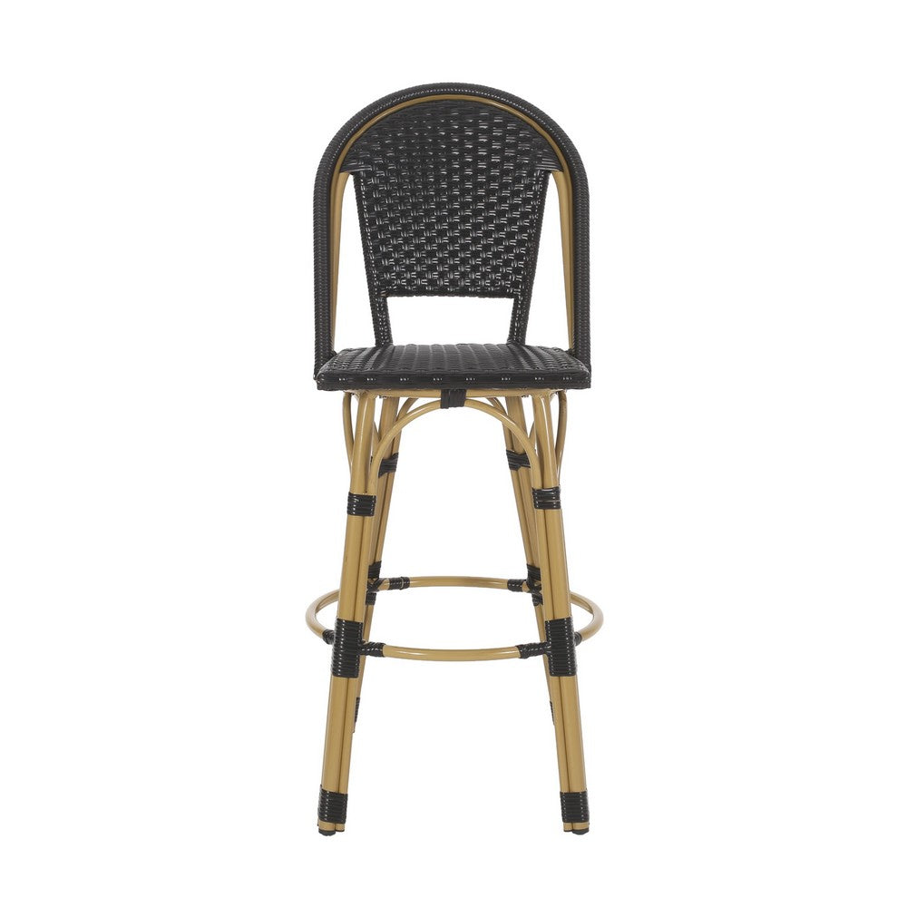 Gomy Outdoor Barstool Chair Set of 2 | Black Wicker | Brown Aluminum