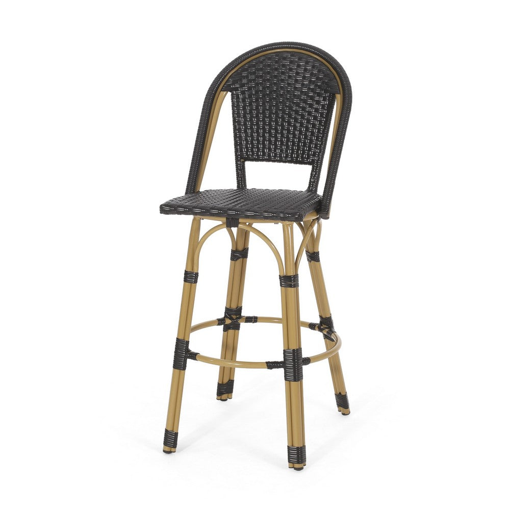 Gomy Outdoor Barstool Chair Set of 2 | Black Wicker | Brown Aluminum
