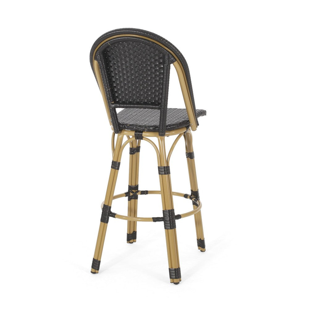 Gomy Outdoor Barstool Chair Set of 2 | Black Wicker | Brown Aluminum