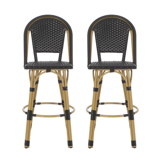 Gomy Outdoor Barstool Chair Set of 2 | Black Wicker | Brown Aluminum