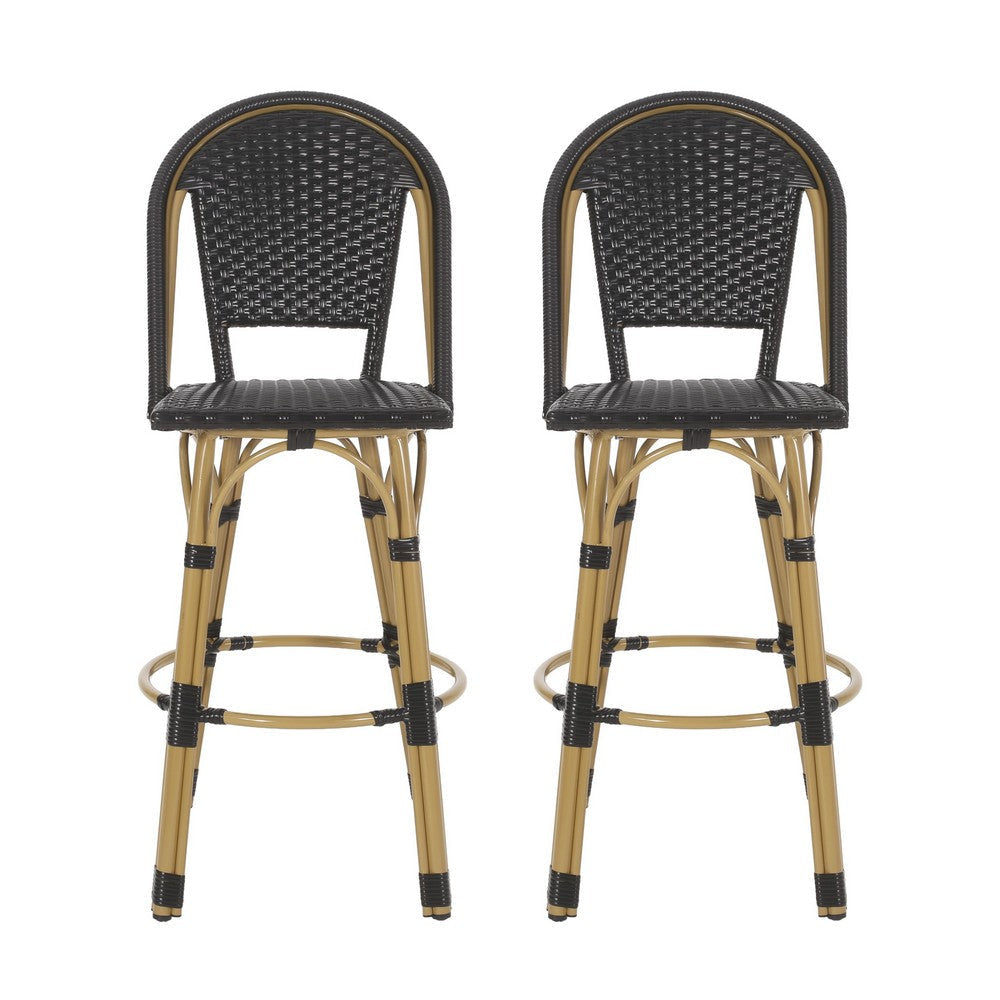 Gomy Outdoor Barstool Chair Set of 2 | Black Wicker | Brown Aluminum