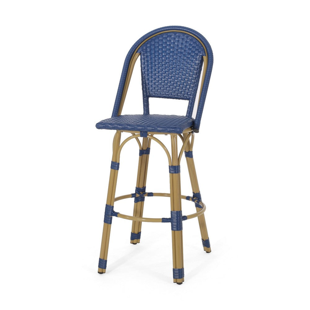 Gomy Outdoor Barstool Char Set of 2 | Blue Wicker Woven | Brown Metal