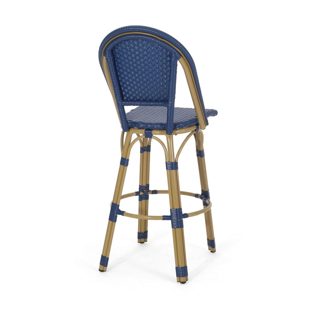 Gomy Outdoor Barstool Char Set of 2 | Blue Wicker Woven | Brown Metal