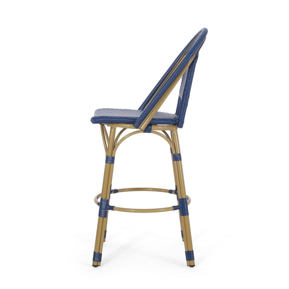 Gomy Outdoor Barstool Char Set of 2 | Blue Wicker Woven | Brown Metal