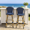 Gomy Outdoor Barstool Char Set of 2 | Blue Wicker Woven | Brown Metal