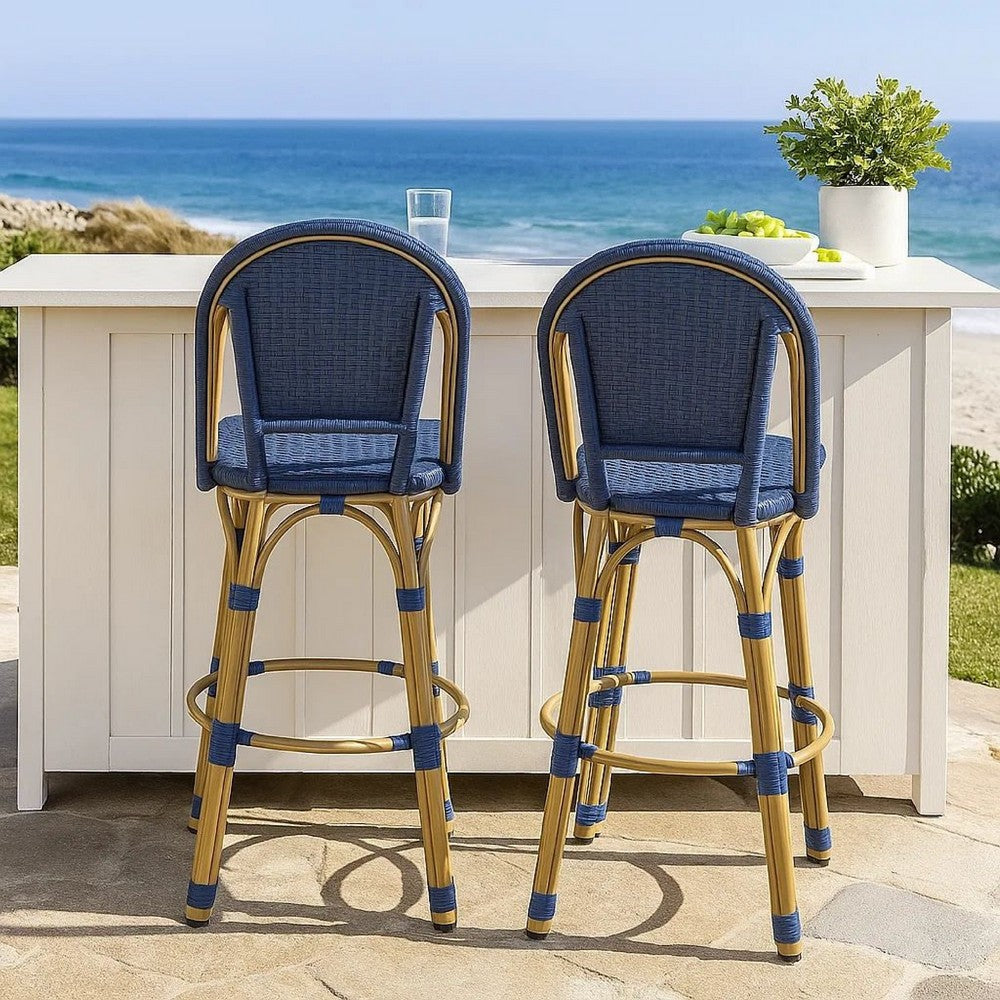 Gomy Outdoor Barstool Char Set of 2 | Blue Wicker Woven | Brown Metal