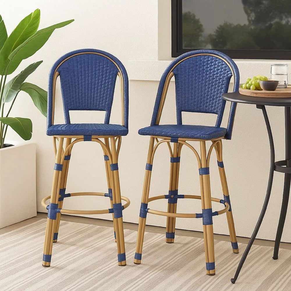 Gomy Outdoor Barstool Char Set of 2 | Blue Wicker Woven | Brown Metal