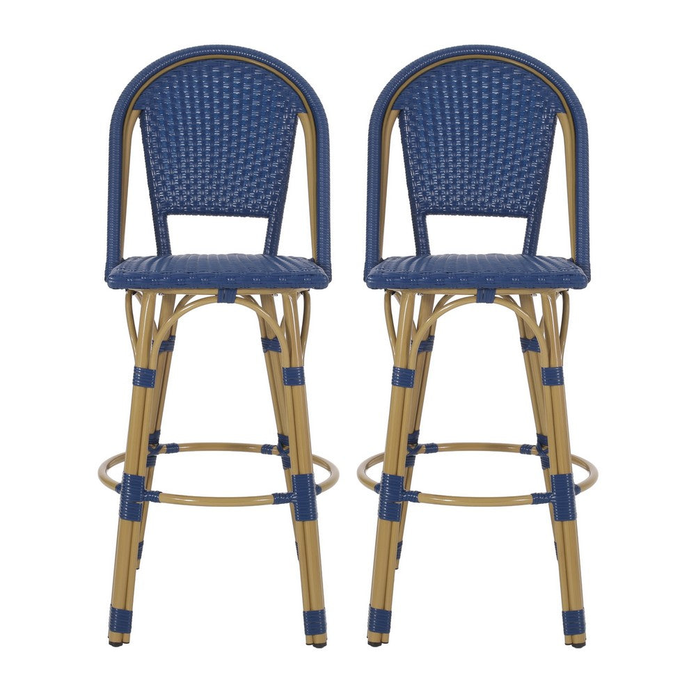 Gomy Outdoor Barstool Char Set of 2 | Blue Wicker Woven | Brown Metal