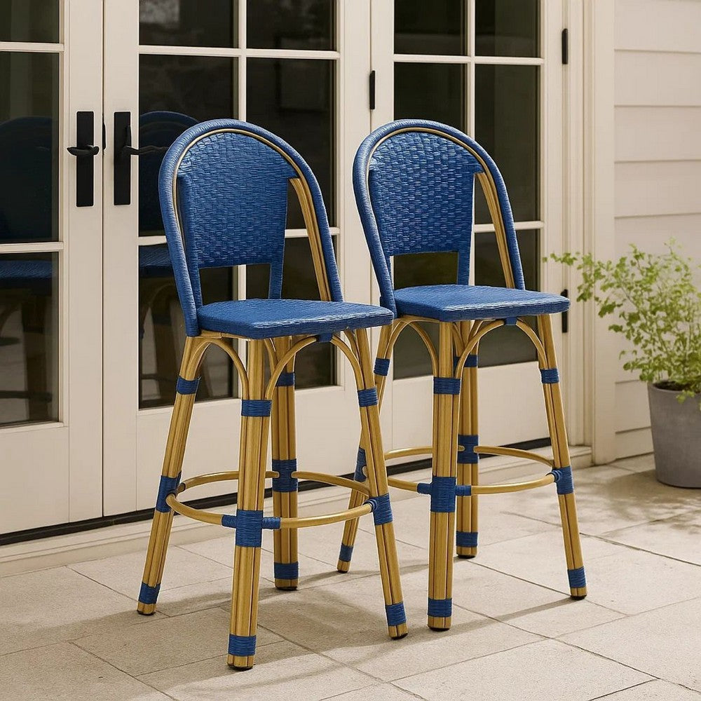 Gomy Outdoor Barstool Char Set of 2 | Blue Wicker Woven | Brown Metal