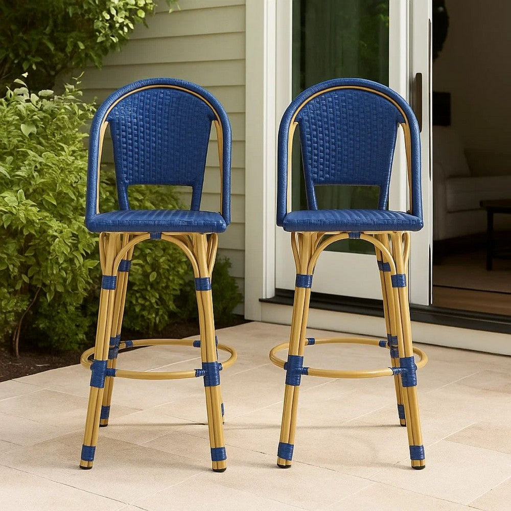Gomy Outdoor Barstool Char Set of 2 | Blue Wicker Woven | Brown Metal