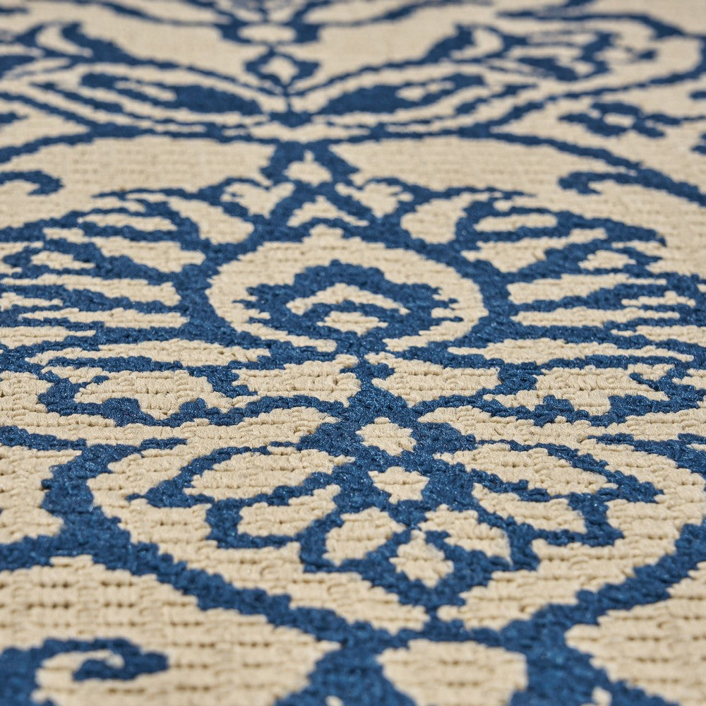 Ira 5 x 7 Outdoor Small Area Rug | Beige Blue Floral Medallion Pattern BM335144