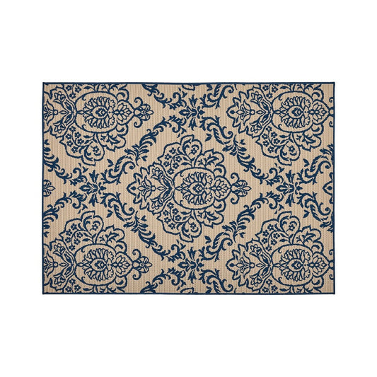 Ira 5 x 7 Outdoor Small Area Rug | Beige Blue Floral Medallion Pattern
