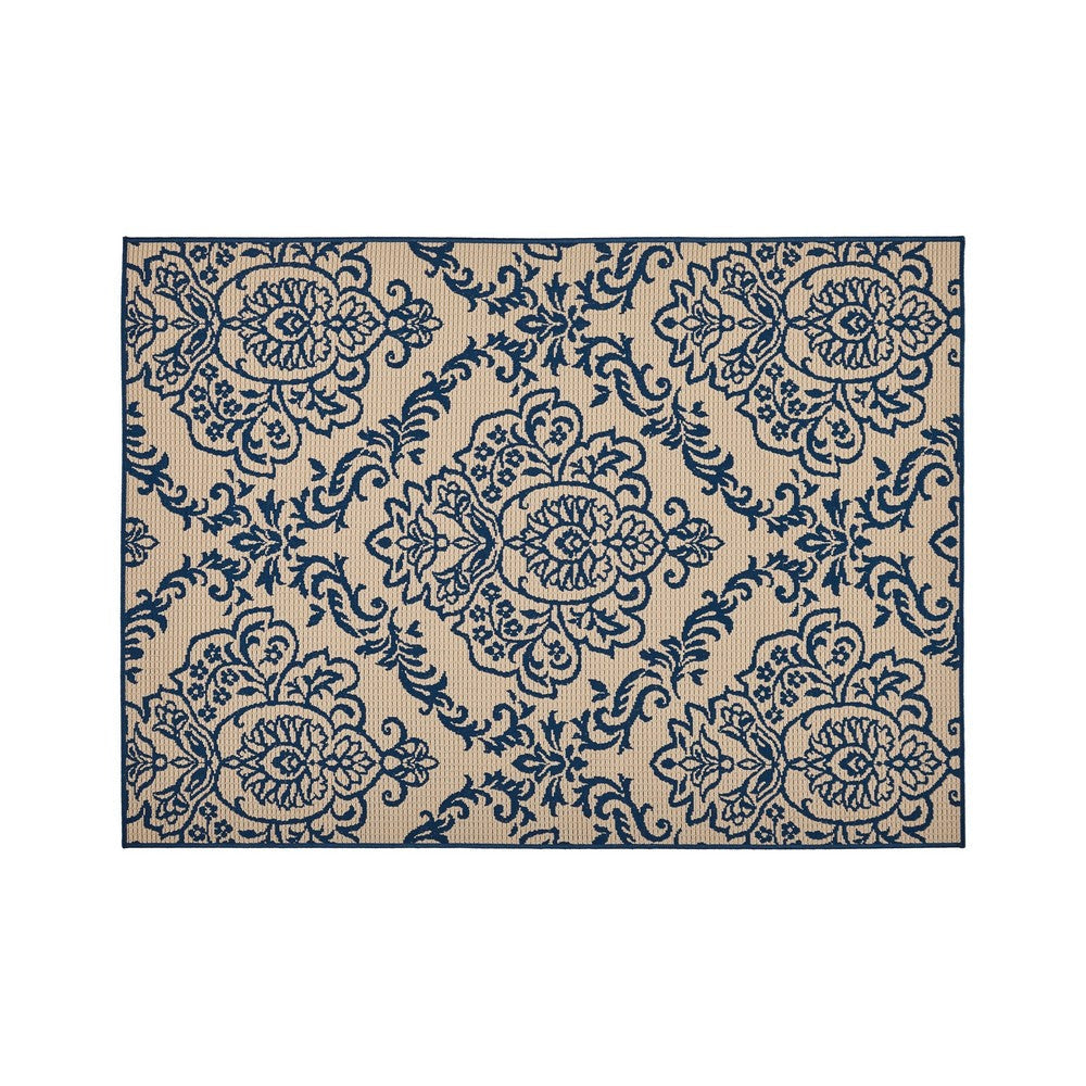 Ira 5 x 7 Outdoor Small Area Rug | Beige Blue Floral Medallion Pattern