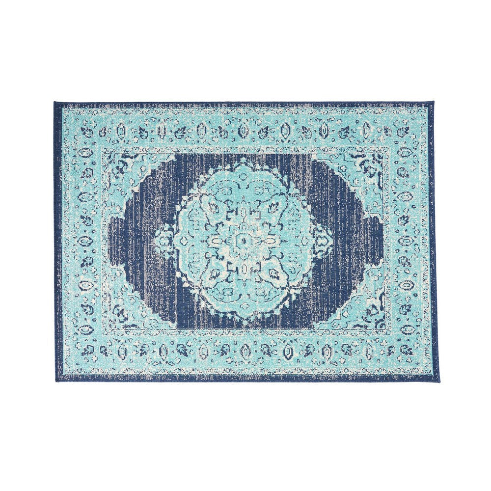 5 x 7 Outdoor Small Area Rug | Handcrafted Floral Details | Blue Ivory