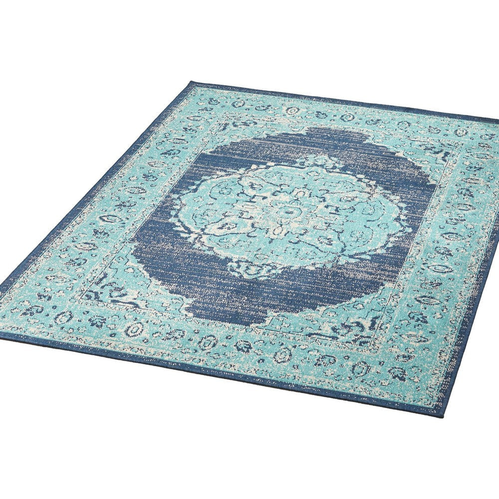 5 x 7 Outdoor Small Area Rug | Handcrafted Floral Details | Blue Ivory BM335146