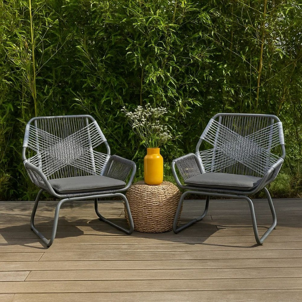 Meny Outdoor Club Chair Set of 2 | White Rattan Woven Matte Gray Metal